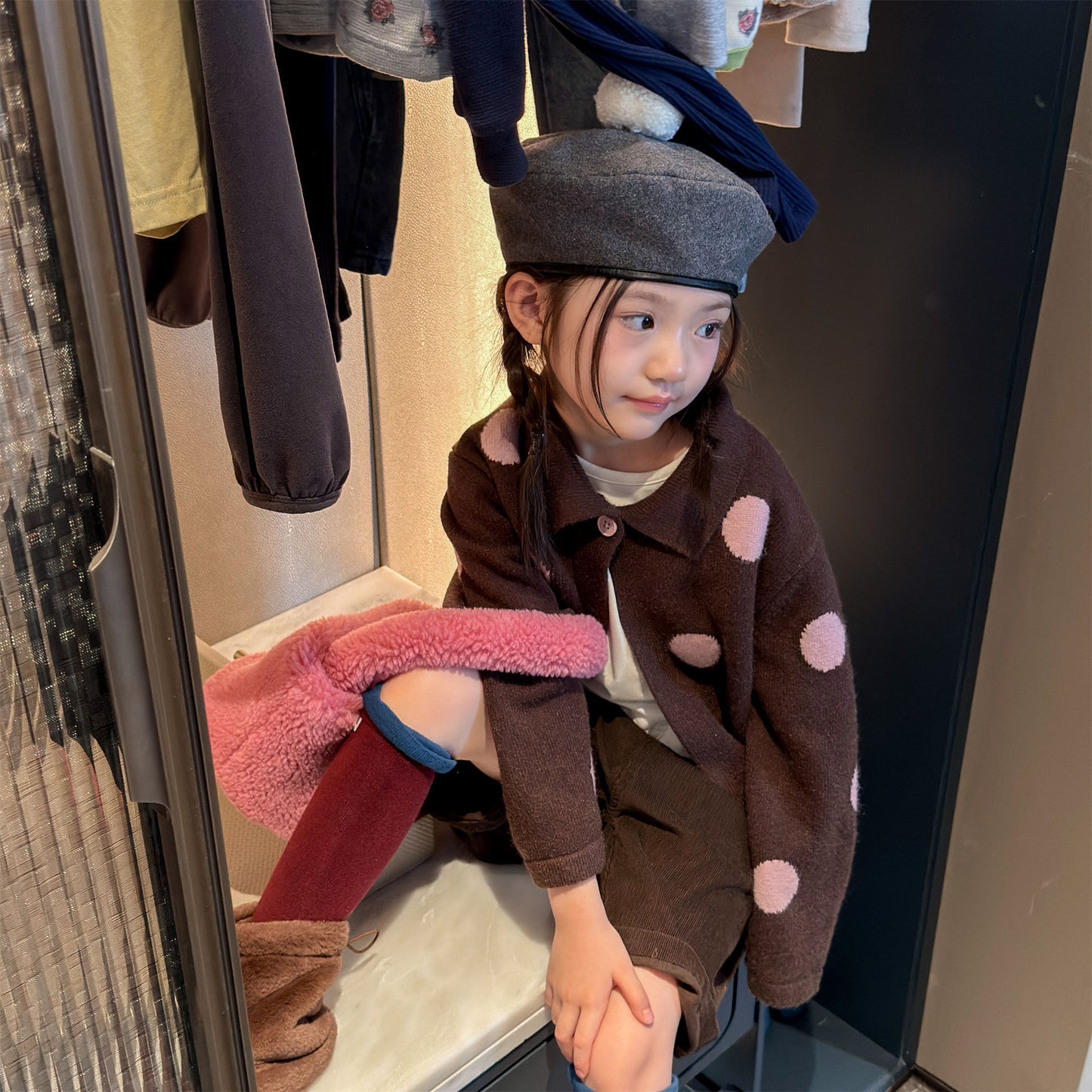 Kids' Polka Dot Collared Button-Up Long-Sleeve Knit Cardigan [mh0014056]