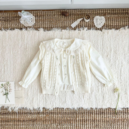 キッズ 刺繍 レース フリル 丸襟 長袖ブラウス【mh0014611】