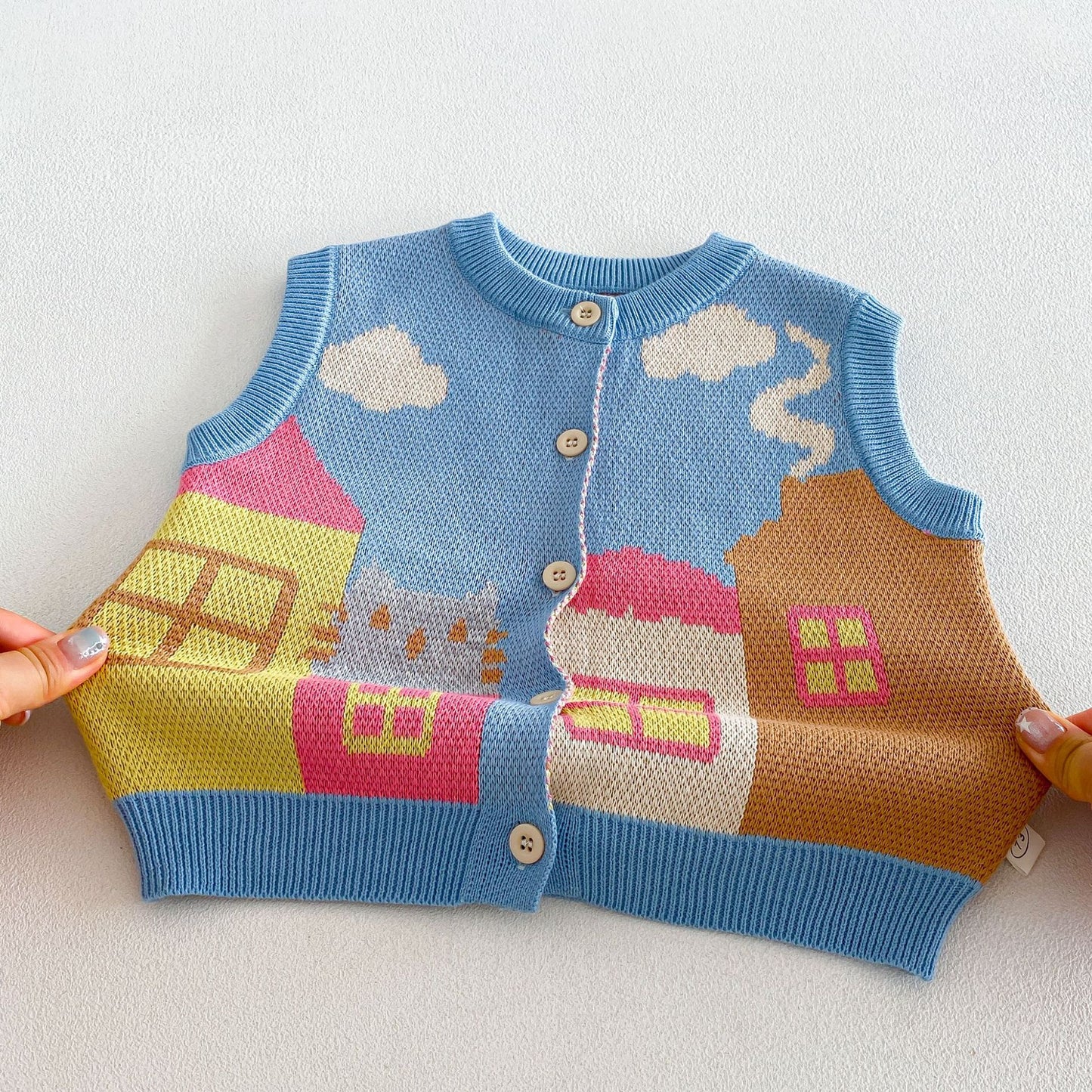 Chaleco de punto jacquard con motivo de casa para niños, cuello con volantes, blusa de manga larga y pantalones acampanados【mh0014046】