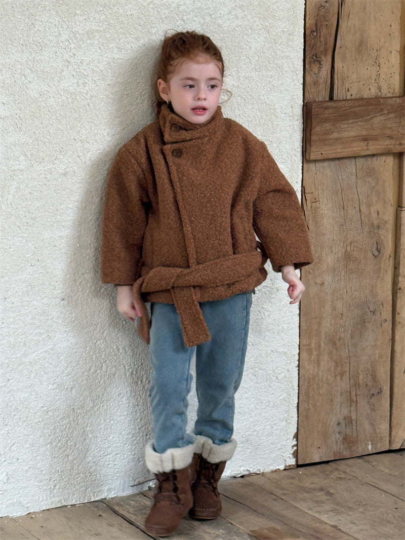 ローブコート ボア スタンドカラー ベルト付き ショート丈 アウター【mh0011617】