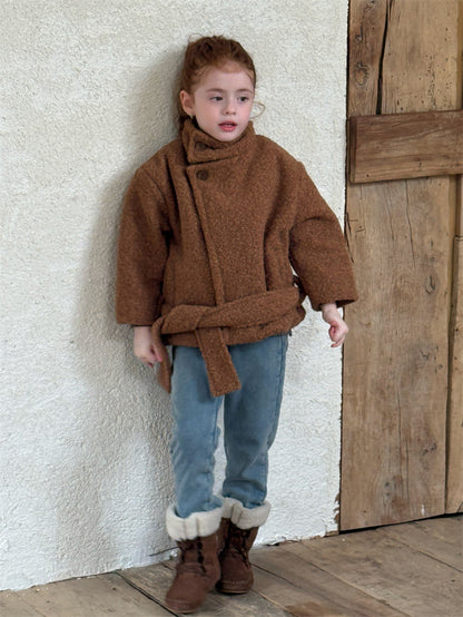 ローブコート ボア スタンドカラー ベルト付き ショート丈 アウター【mh0011617】