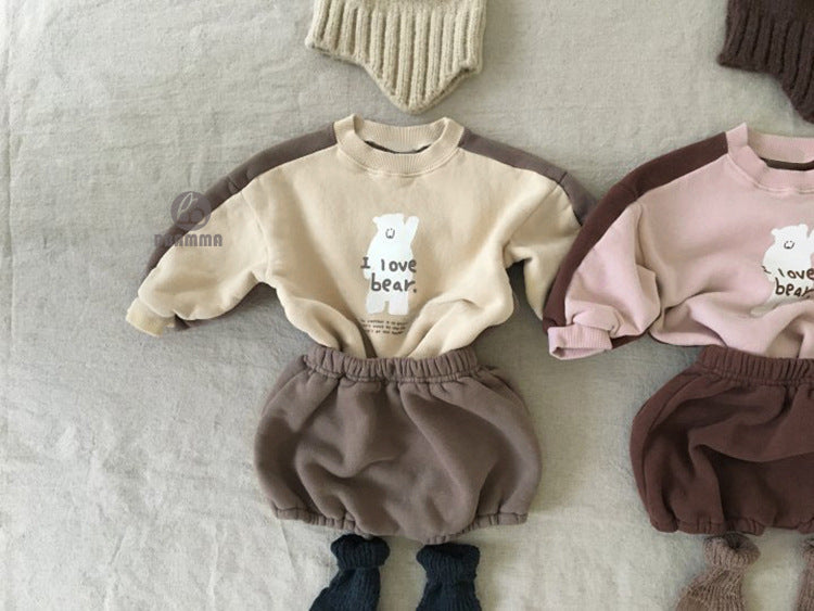 Bear Fleece Sweatshirt & Shorts Set クマ プリント 裏起毛 セットアップ【mh0012681】