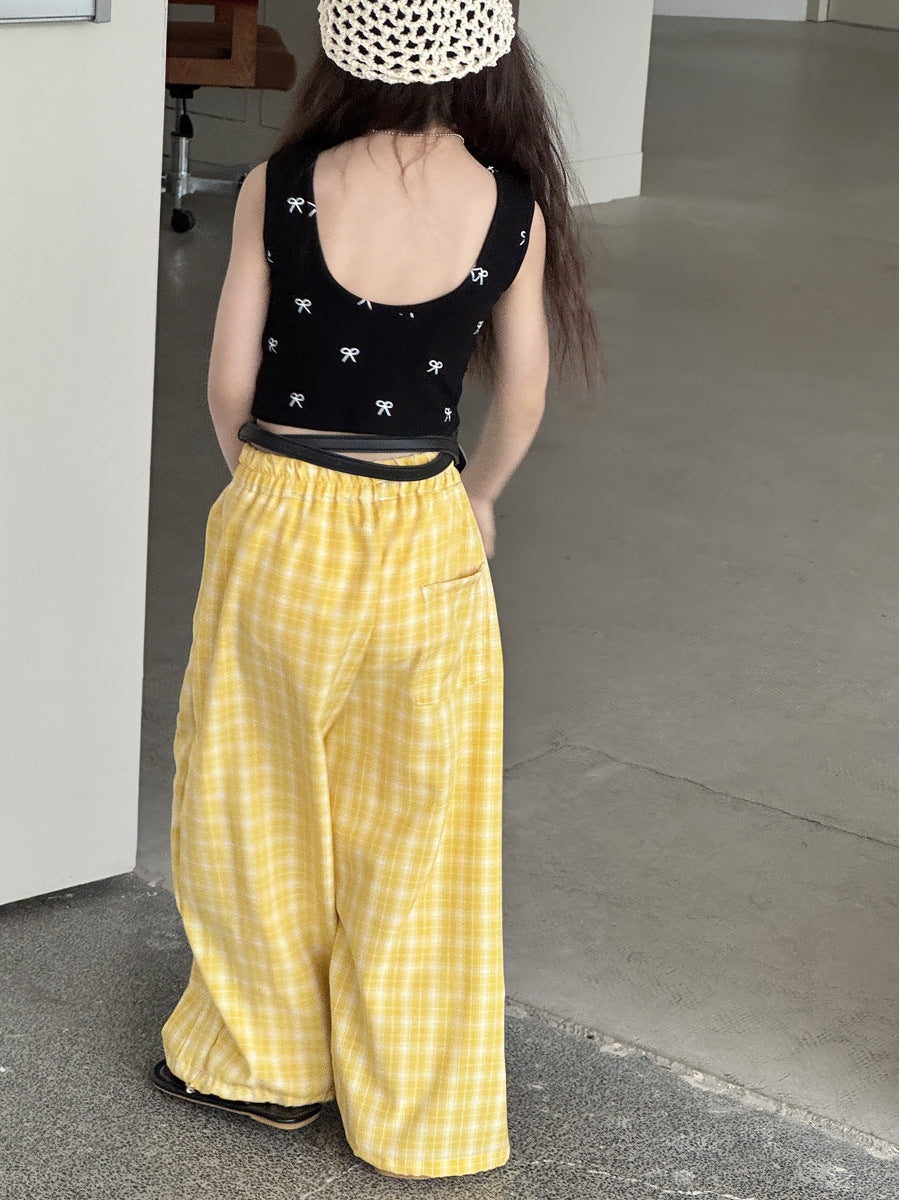 Ribbon Print Crop Top リボン ノースリーブTシャツ【mh0013064】