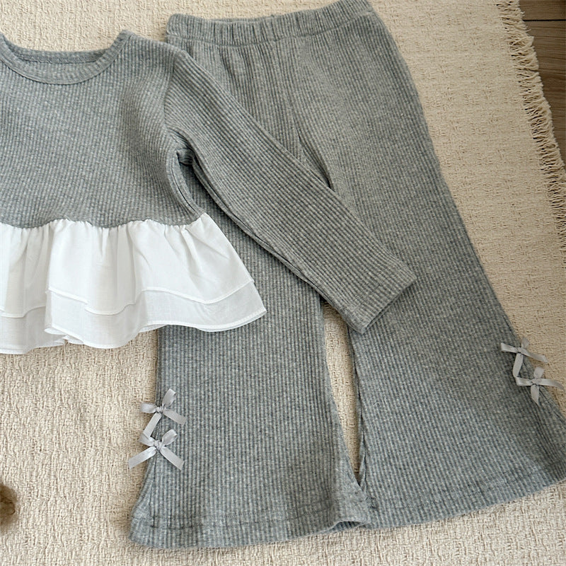 Conjunto de camiseta de manga larga acanalada con volantes y lazo para niña y pantalón acampanado【mh0014151】