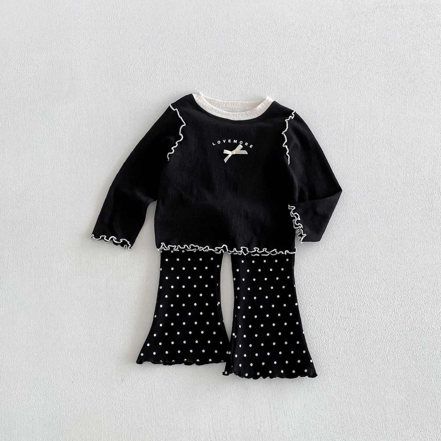 キッズ ロゴプリント メローフリル リボンステッチ 長袖Tシャツ フレアパンツ【mh0014048】