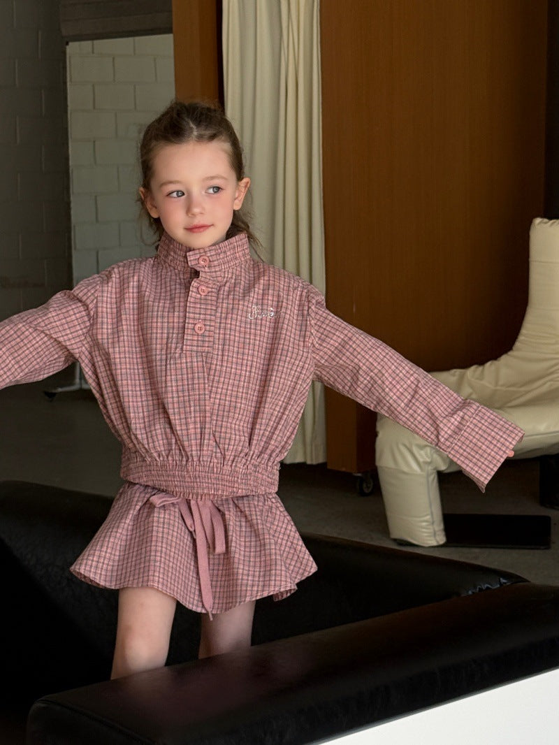 Kids' Plaid Stand-Collar Ruffled Long-Sleeve Shirt and Miniskirt Set [mh0014078]