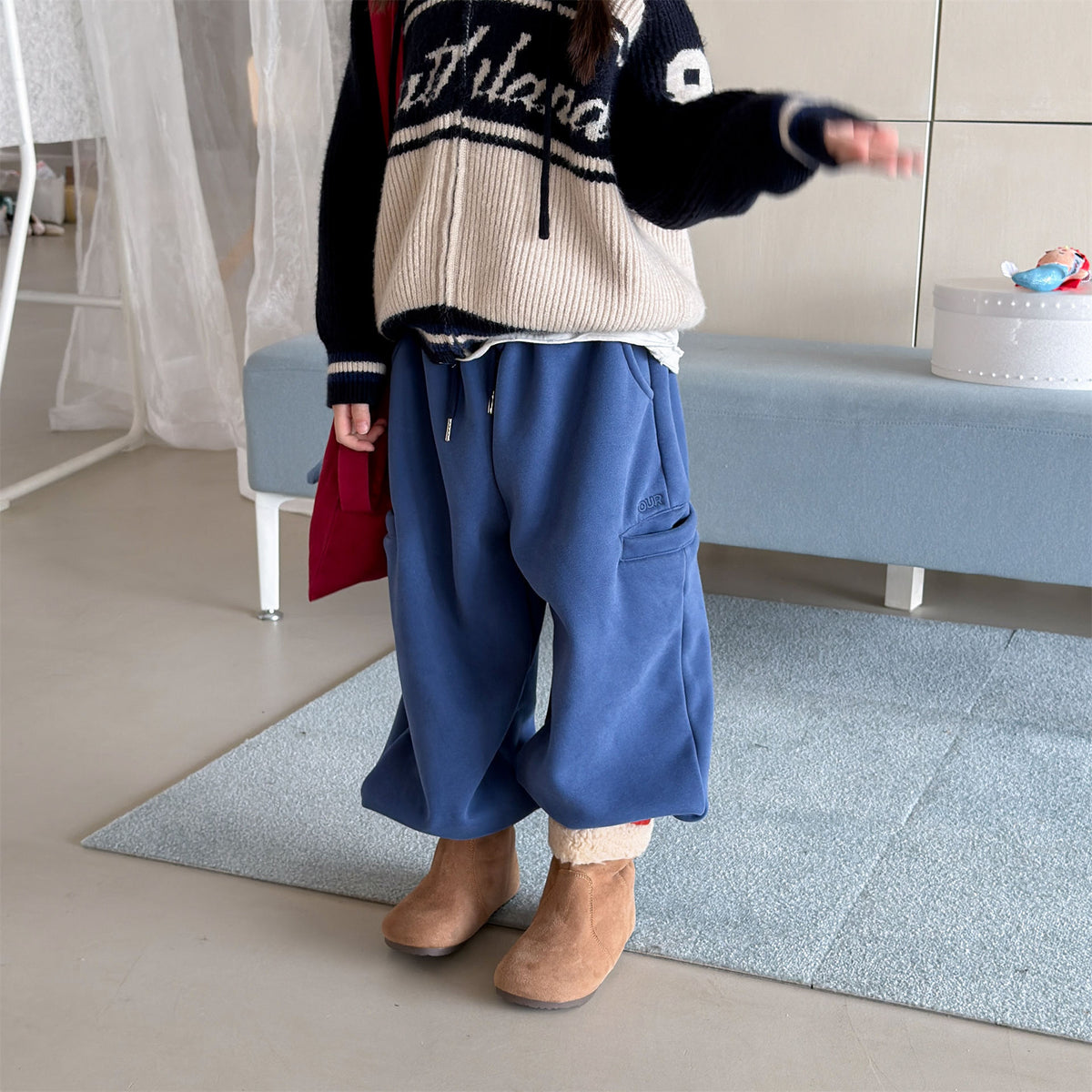 Pantalones largos de felpa para niños, corte holgado con cintura elástica y forro polar [mh0014538]