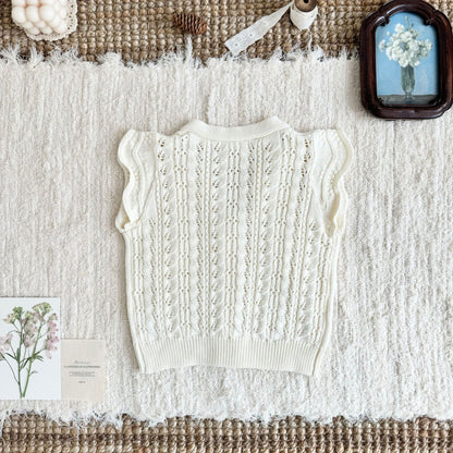 キッズ フラワー 透かし編み フリル 刺繍 ニット ベスト 長袖 ブラウス【mh0014609】