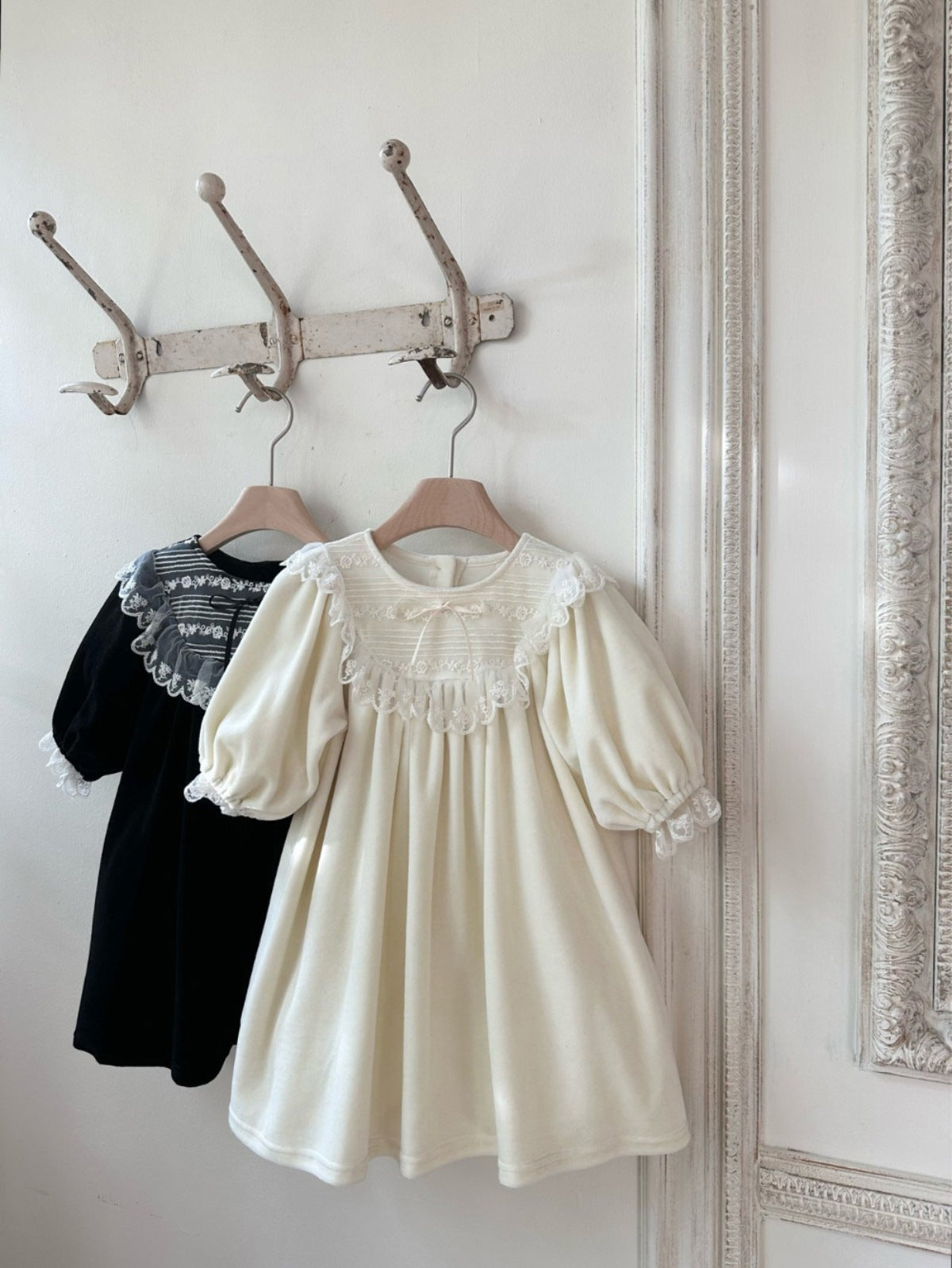 長袖ワンピース ベロア レースリボン パフスリーブ ドレス フォーマル【mh0011635】