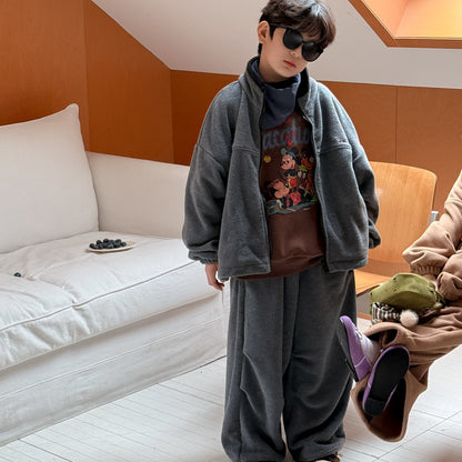 セットアップ キッズ 裏起毛 ボア 厚手 スタンドカラー オーバーサイズ ジップ【mh0011659】