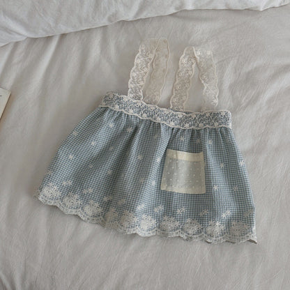 Vestido de manga larga para bebé y niña con cuello con volantes, jacquard, estampado de cuadros vichy y vestido tipo camisola con encaje 【mh0014482】
