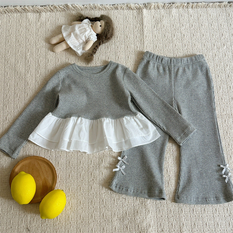 Conjunto de camiseta de manga larga acanalada con volantes y lazo para niña y pantalón acampanado【mh0014151】