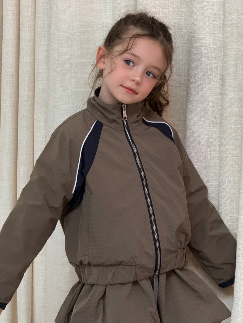 Kids' Colorblock Stand-Collar Long-Sleeve Jacket & Mini Skirt Set [mh0014079]