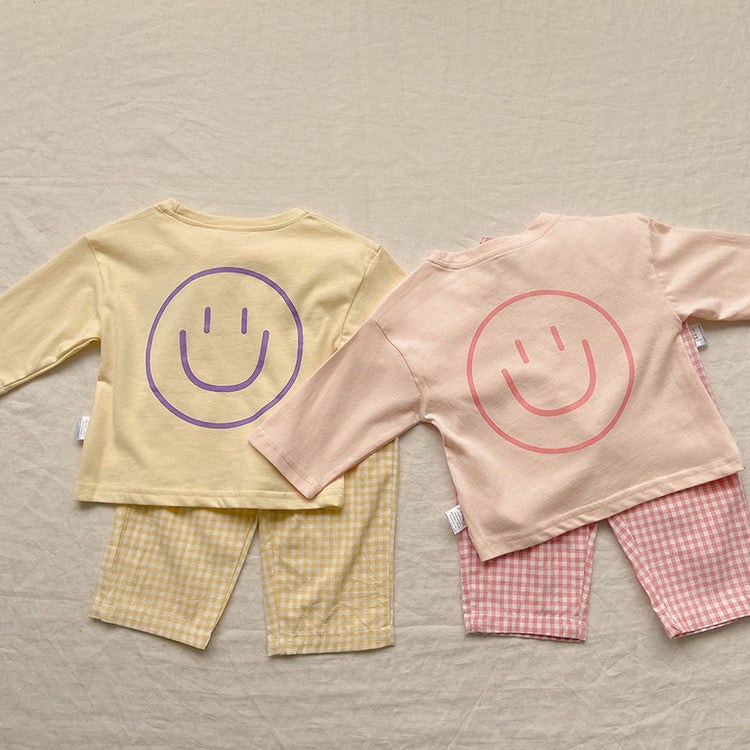 Smiley Long Sleeve Tee & Plaid Pants Set スマイル プリント チェック柄 セットアップ【mh0012672】