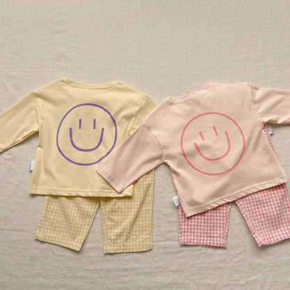 Smiley Long Sleeve Tee & Plaid Pants Set スマイル プリント チェック柄 セットアップ【mh0012672】