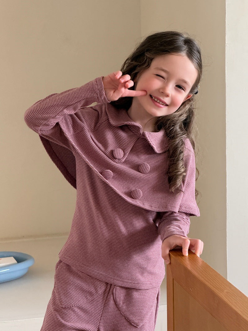 CHENG. L 26 Autumn/Winter Korean Style Girls' Collared Shawl Long Sleeve T-Shirt Heart Stretch Flared Pants Set【mh0014101】