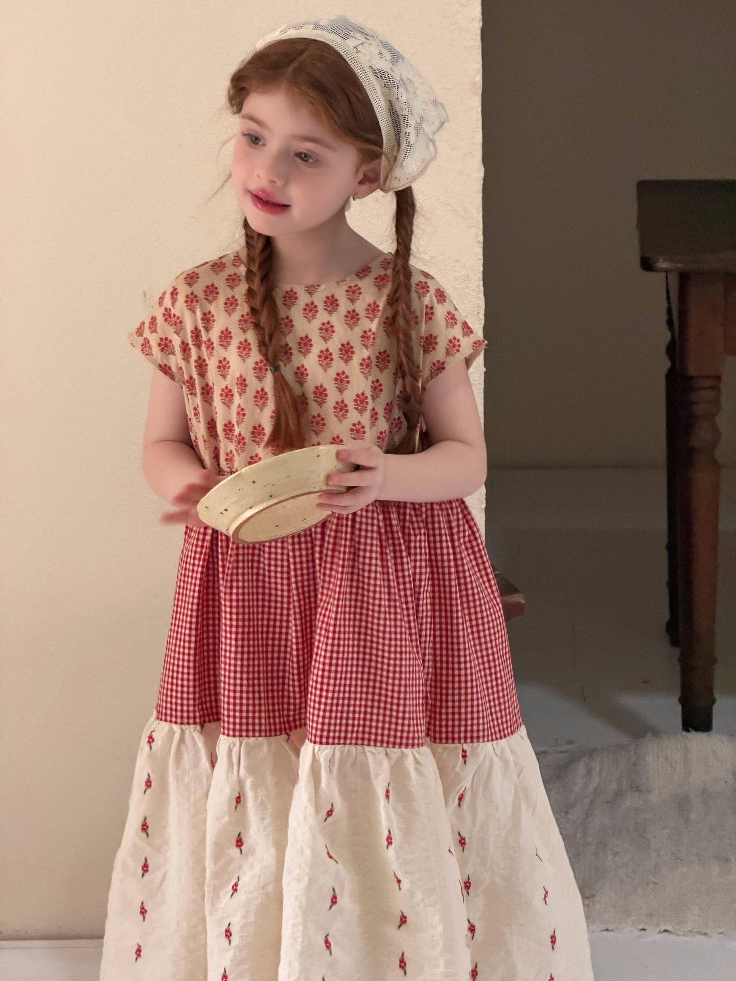 Gingham Floral Tiered Dress 花柄 ギンガム 半袖ワンピース【mh0012873】