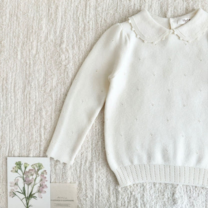 Jersey de punto para niños con cuello redondo, volantes, borde festoneado y calados [mh0014616]