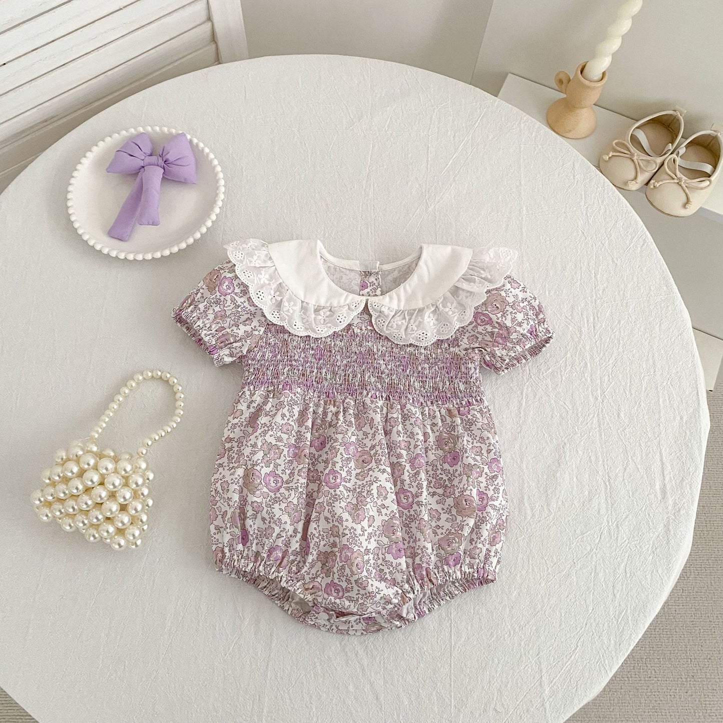 Floral Lace Collar Dress Romper Vestido con cuello de volantes y mangas cortas Mameluco de manga corta【mh0013156】