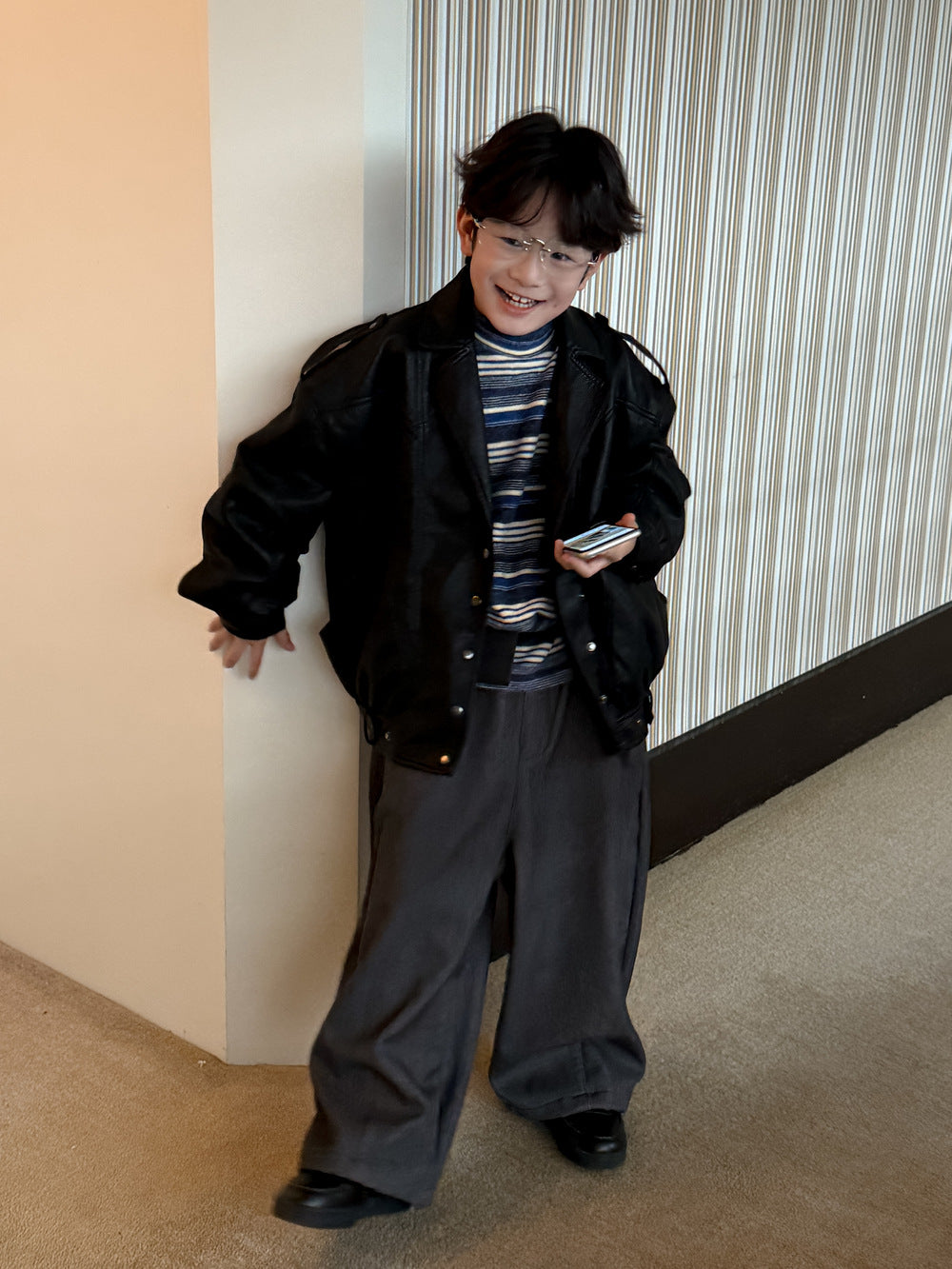 フェイクレザージャケット キッズ  厚手 ラペル モード ライダース【mh0011668】