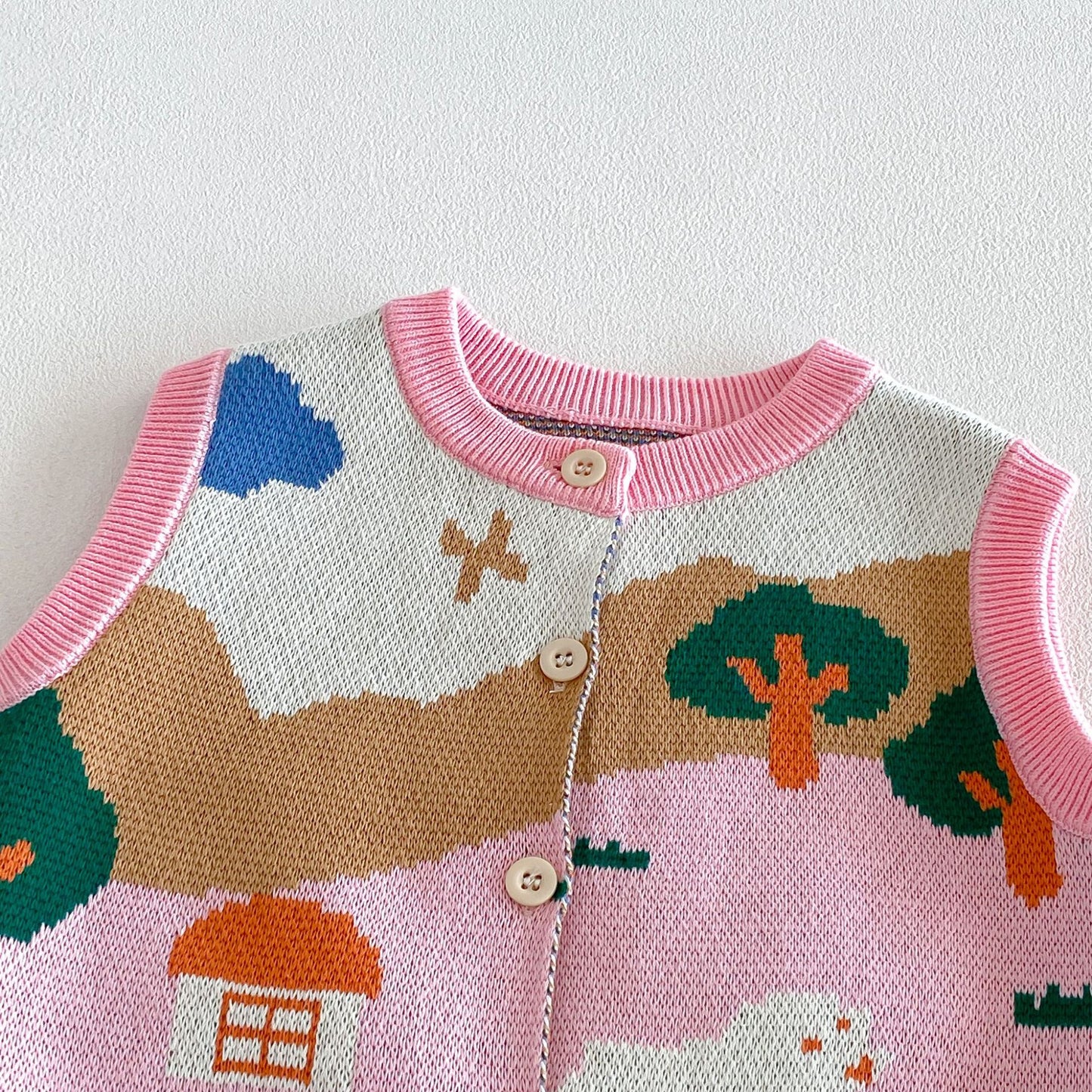 Chaleco de punto jacquard para niños, camisa de manga larga con volantes, pantalones vaqueros【mh0014038】