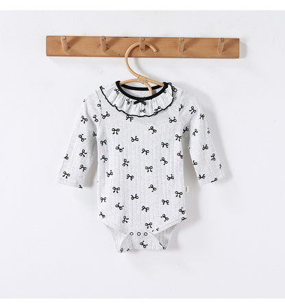 長袖ロンパース ラッフル襟 リボンプリント ボディスーツ【mh0011728】