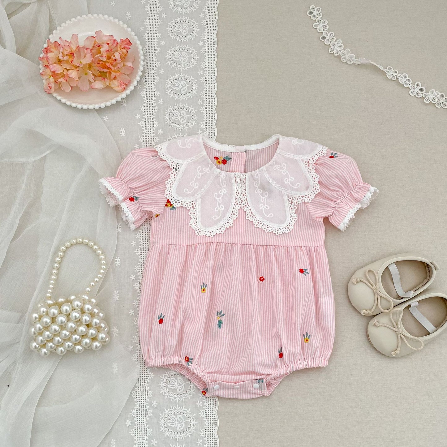 Stripe Embroidery Romper Dress Mono-vestido con bordados de rayas [mh0013168]