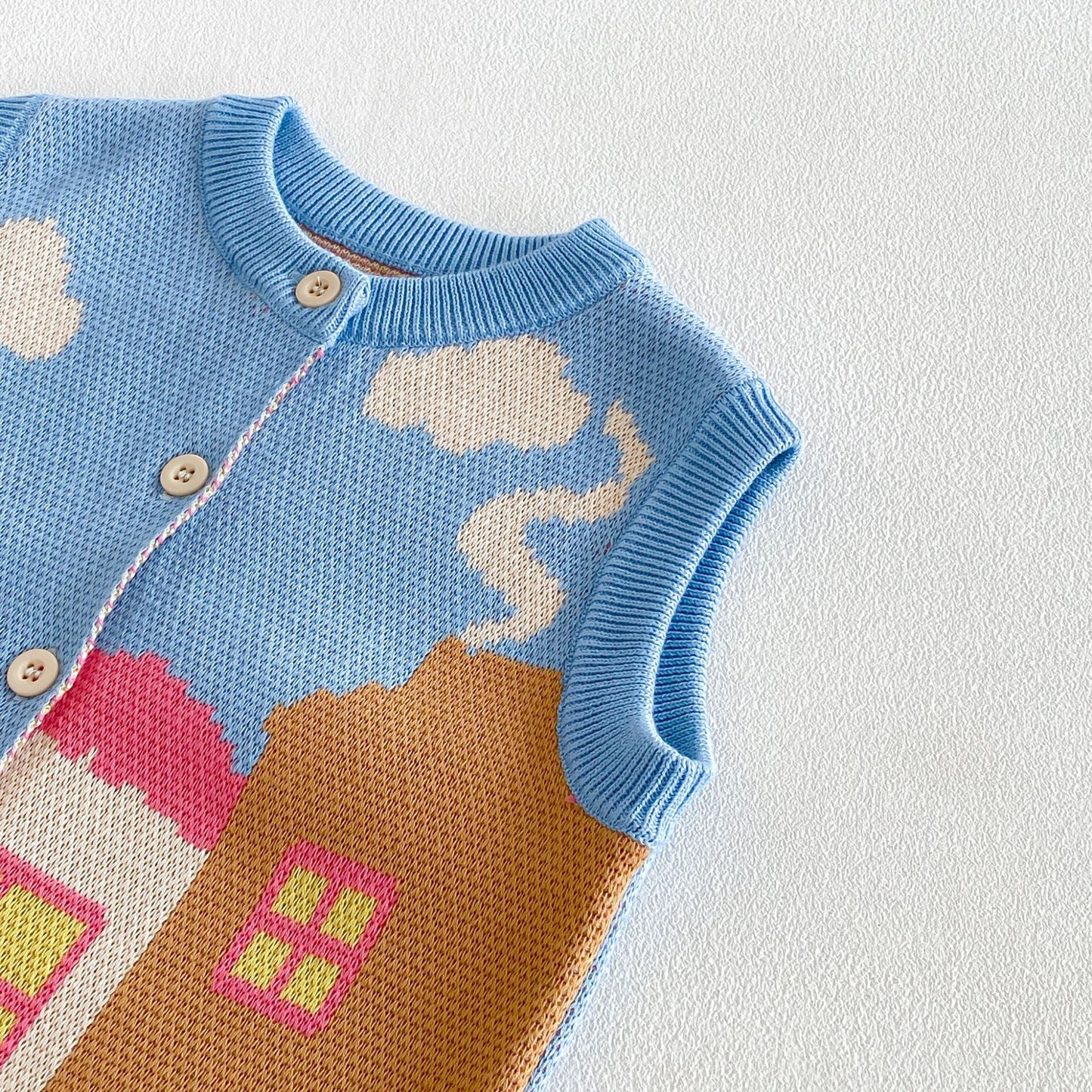 Chaleco de punto jacquard con motivo de casa para niños, cuello con volantes, blusa de manga larga y pantalones acampanados【mh0014046】
