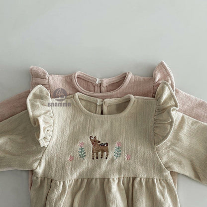 Fawn Embroidered Ruffle Bodysuit 小鹿 刺繍 フリル 長袖ロンパース【mh0012696】