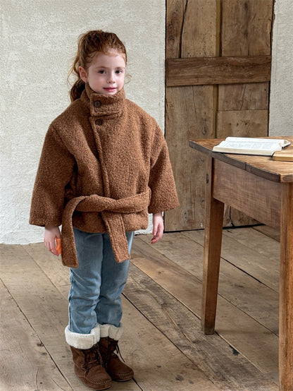 ローブコート ボア スタンドカラー ベルト付き ショート丈 アウター【mh0011617】