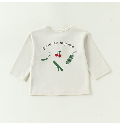 白 長袖ヘンリーネックTシャツ バックプリント（grow up together）