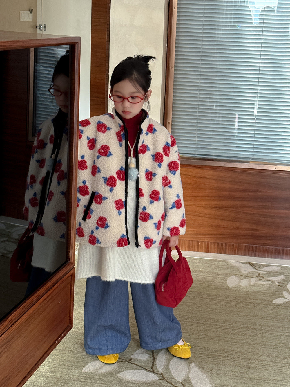 ボアジャケット キッズ フラワープリント 厚手 スタンドカラー カジュアル ジップアウター【mh0011686】