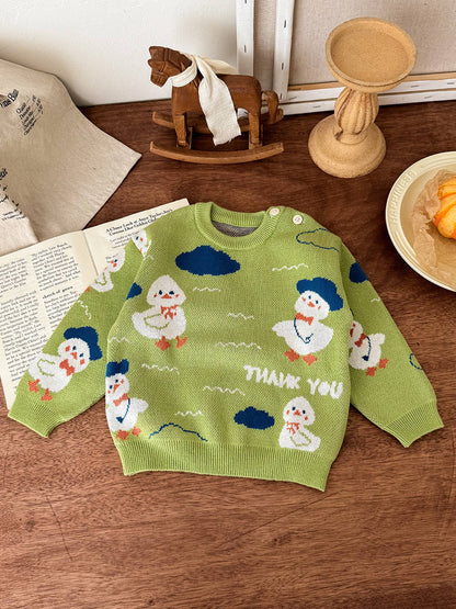 ニットセーター アヒル柄 厚手 クルーネック コットン ルーズフィット【mh0011690】