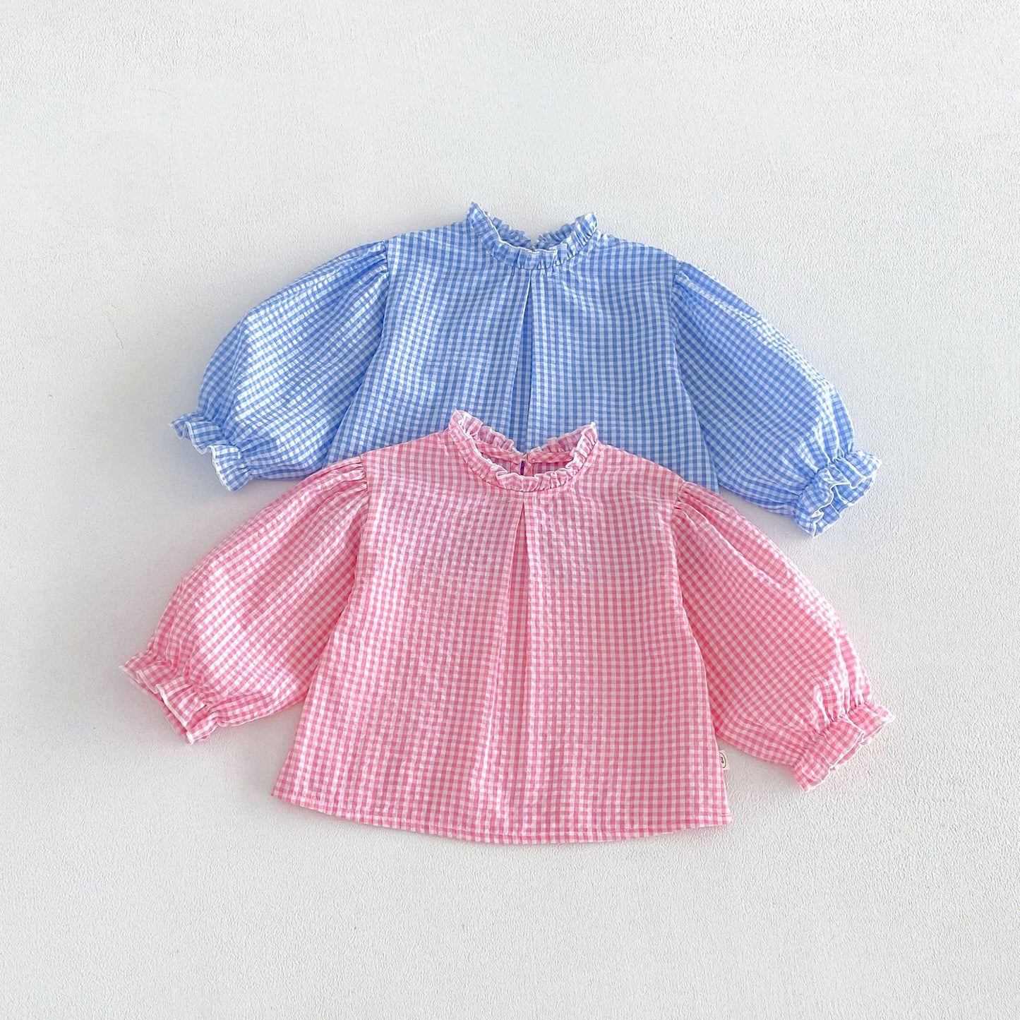 Blusa de manga larga con estampado de cuadros vichy para niños, con bordado floral y peto con pantalón [mh0014043]