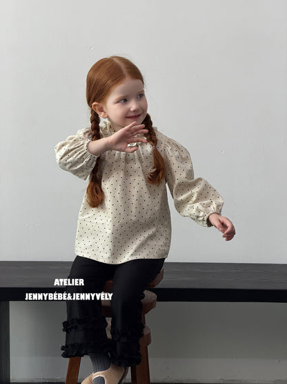 Blusa de manga larga con volantes y estampado de puntos para niñas + pantalón acampanado [mh0014657]