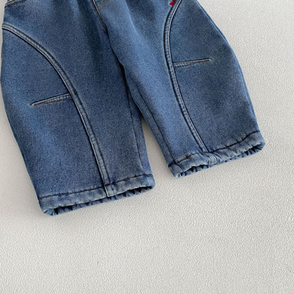キッズ ステッチ切替 刺繍 デニム 裏起毛 カーブ ロングパンツ【mh0014764】