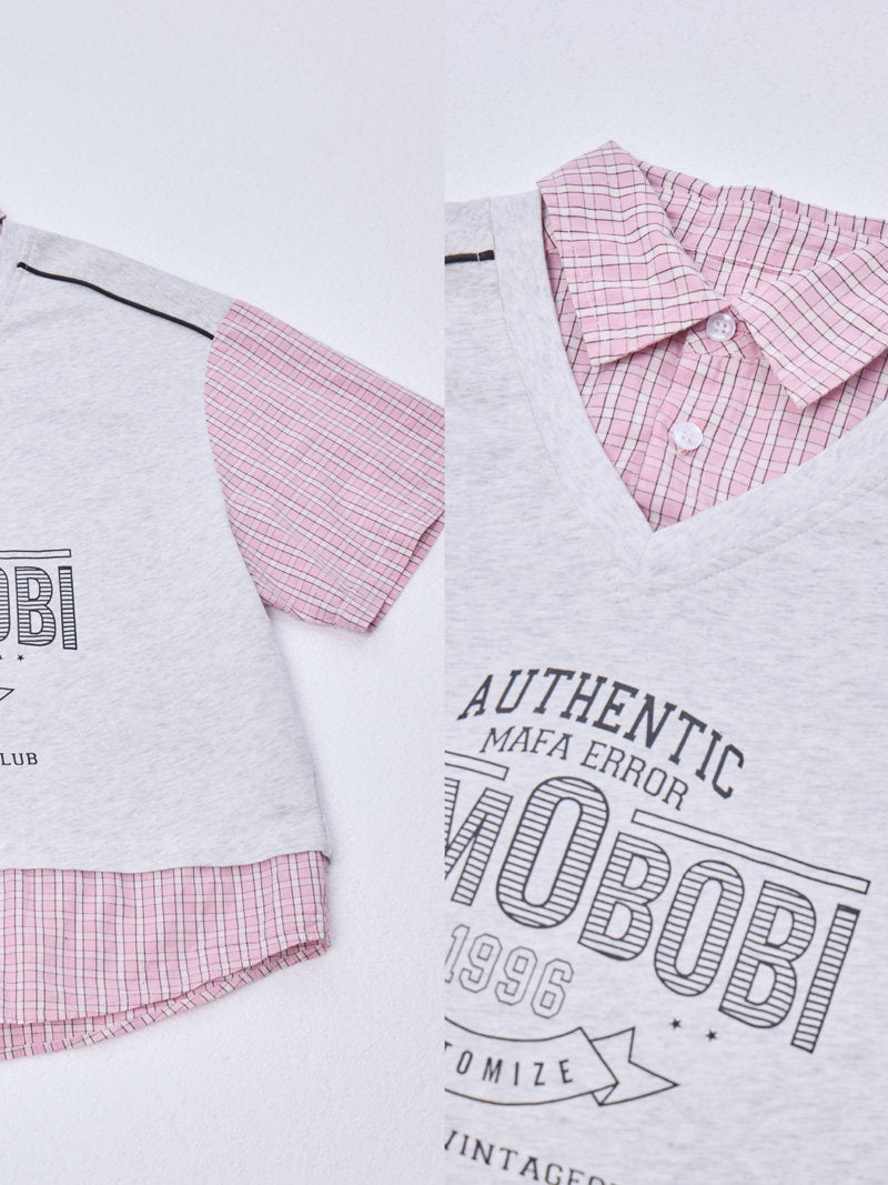 Layered Check Shirt & Denim Layered Short Sleeve Shirt Denim Pants [mh0012996]