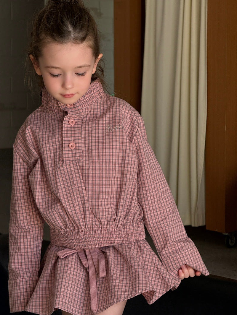 Kids' Plaid Stand-Collar Ruffled Long-Sleeve Shirt and Miniskirt Set [mh0014078]