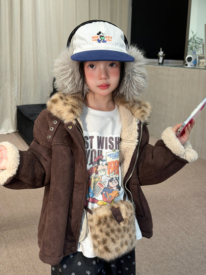 Chaqueta de antelina con cuello de pelo de leopardo y pantalones largos de lunares para niños y jóvenes 【mh0014693】