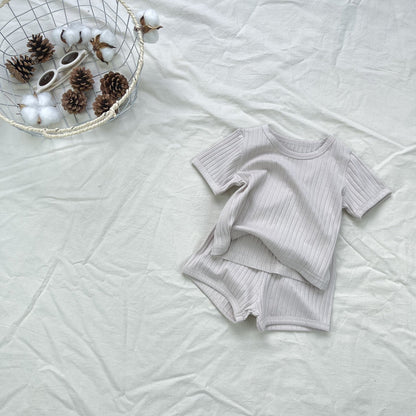 Textured Solid Color Set Short Sleeve T-Shirt and Shorts 【mh0012899】