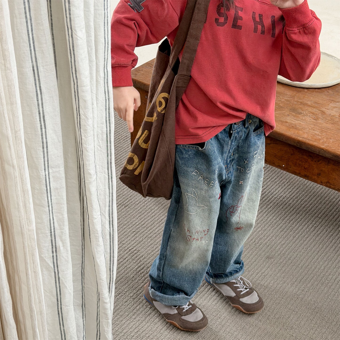 Kids' Hand-Drawn Print Pocket Loose Denim Pants [mh0014063]