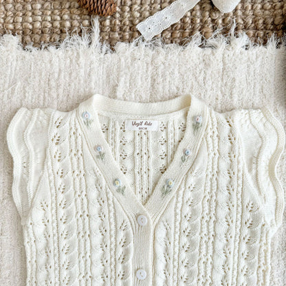 キッズ フラワー 透かし編み フリル 刺繍 ニット ベスト 長袖 ブラウス【mh0014609】