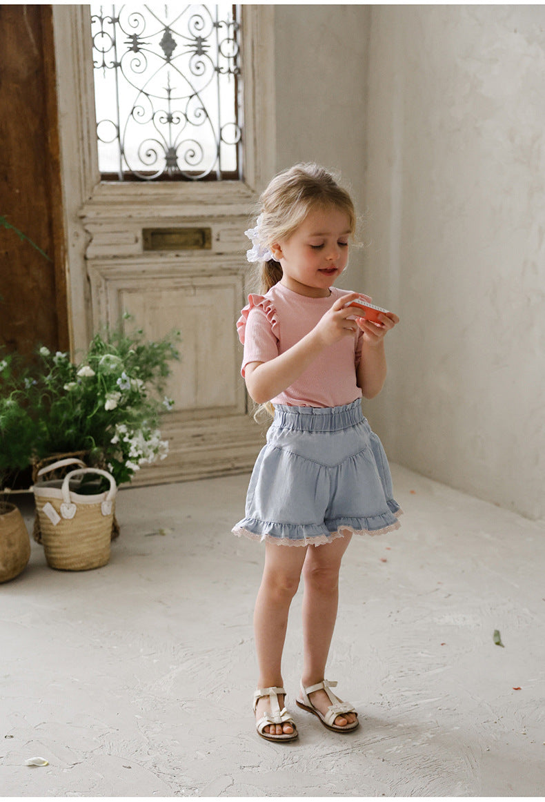 Lace Print Denim Shorts フリル デニムショートパンツ【mh0012981】