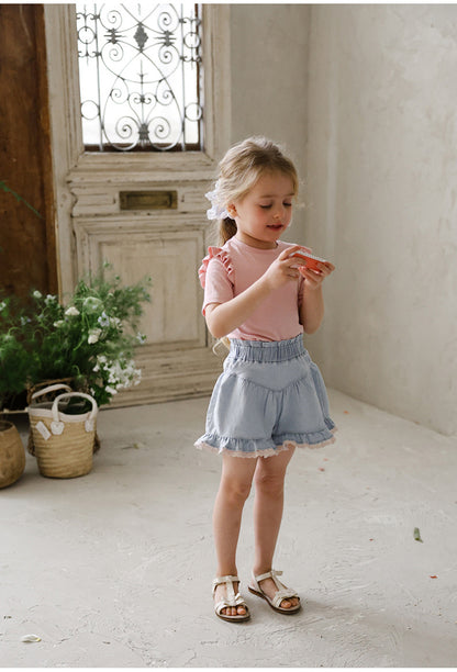 Lace Print Denim Shorts フリル デニムショートパンツ【mh0012981】