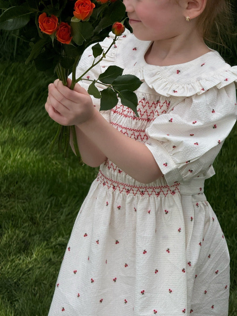 Vintage Cherry Embroidered Sleeve Dress フレンチ 半袖ワンピース【mh0013237】