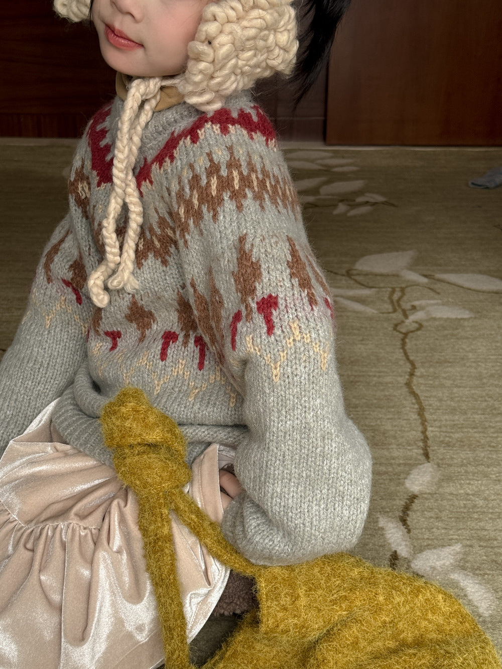 ニットセーター キッズ 求心柄 厚手 クルーネック ルーズフィット カジュアル【mh0011684】