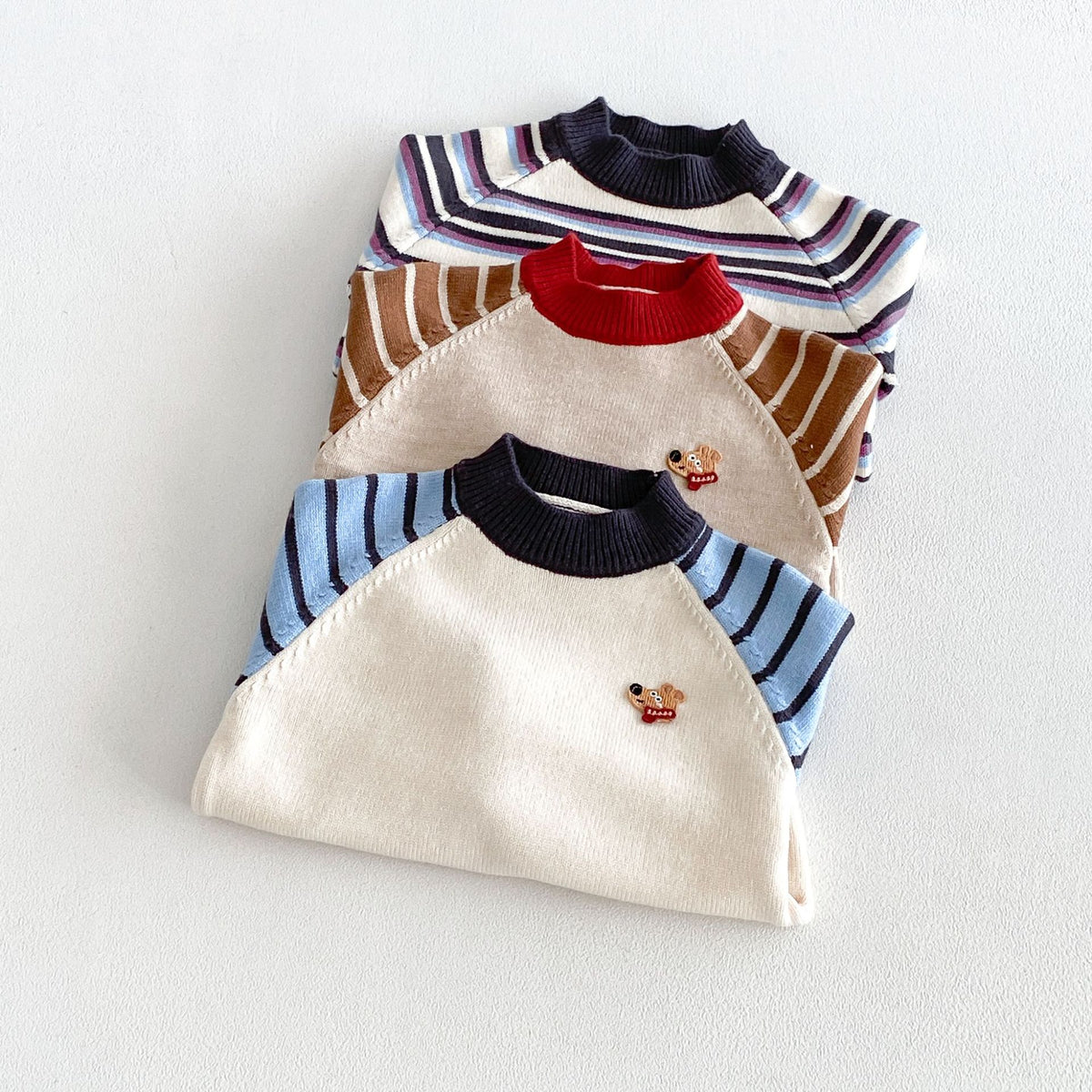 キッズ 犬 ボーダー 刺繍 ニットセーター / ストレート デニムパンツ【mh0014778】
