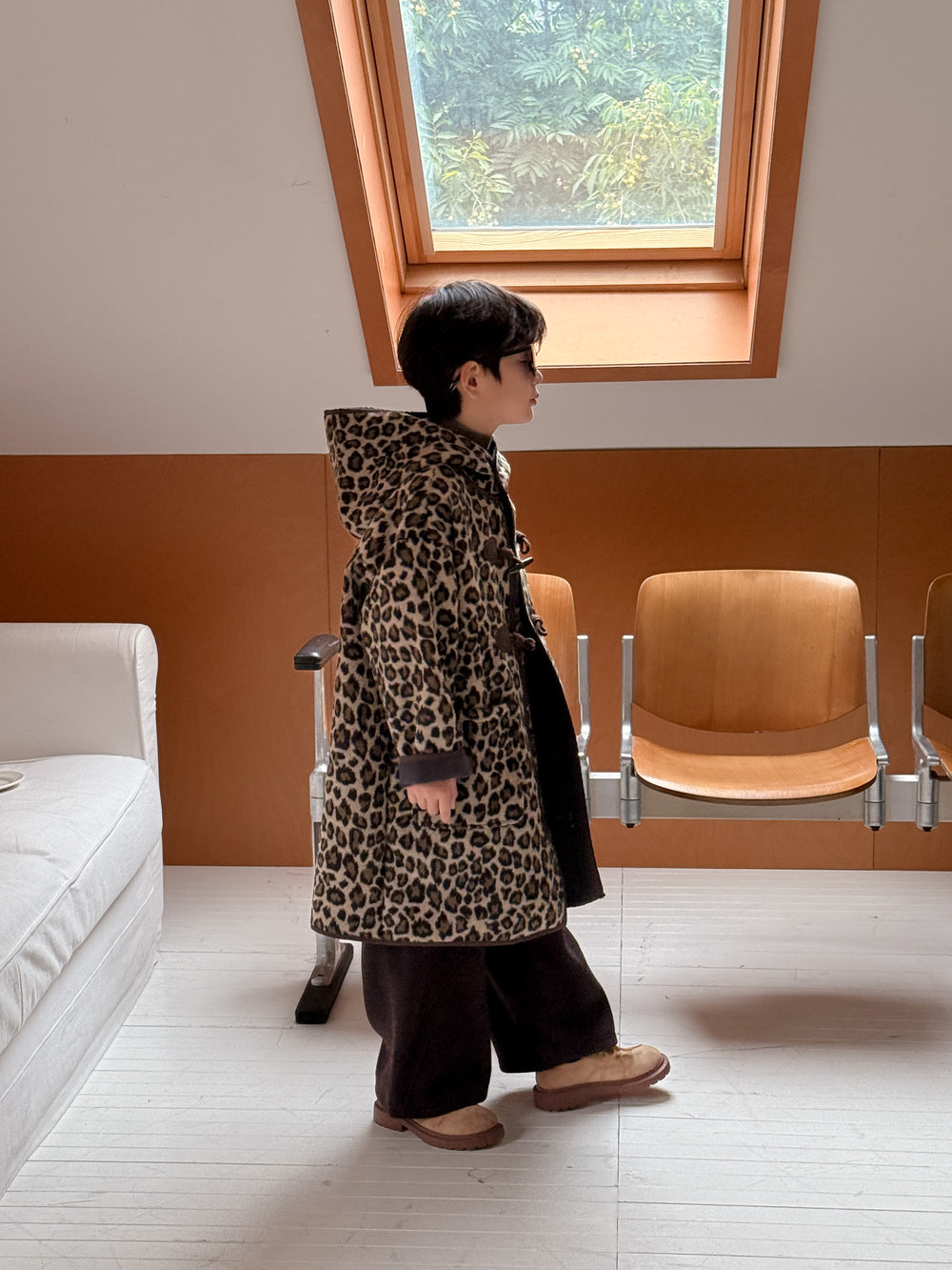 ダッフルコート キッズ レオパード柄 中綿 裏起毛 フード付 ロング丈【mh0011678】