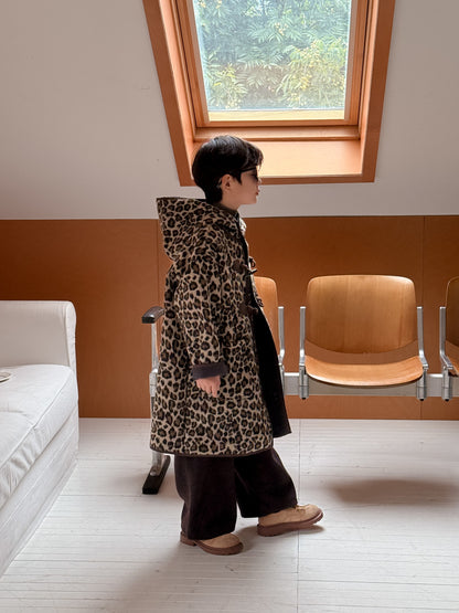 ダッフルコート キッズ レオパード柄 中綿 裏起毛 フード付 ロング丈【mh0011678】