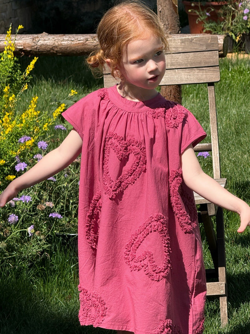 Heart-Embroidered Vintage A-Line Dress ハート 半袖ワンピース【mh0013253】